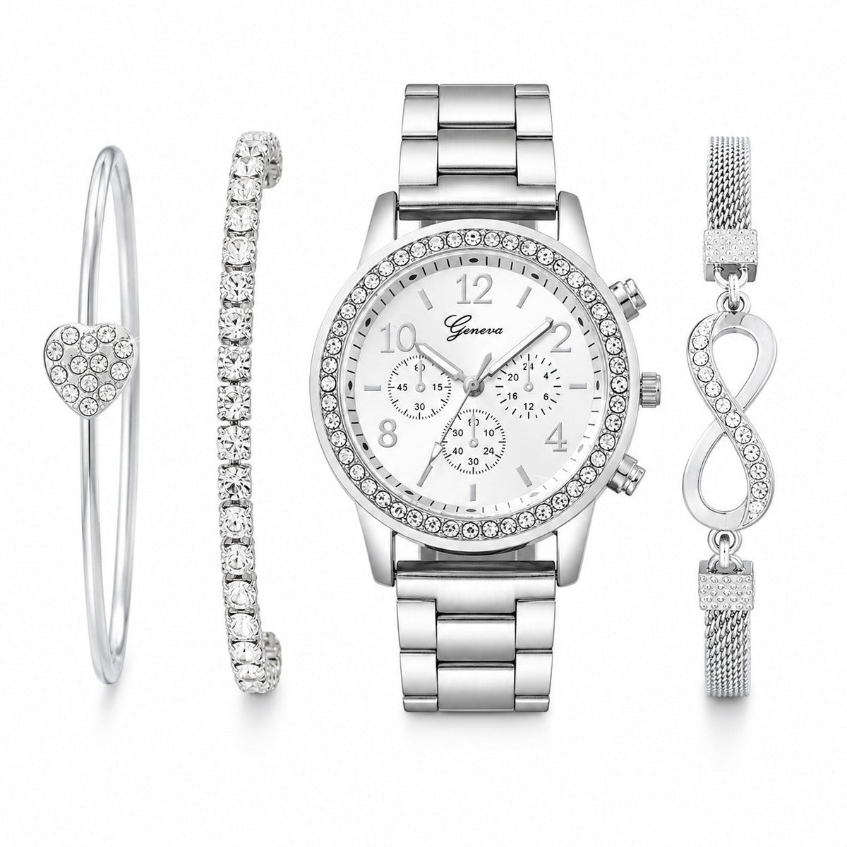 4 Pieces Lady's Silver Stainless Steel Strap Classic Quartz Watch Jewelry Set